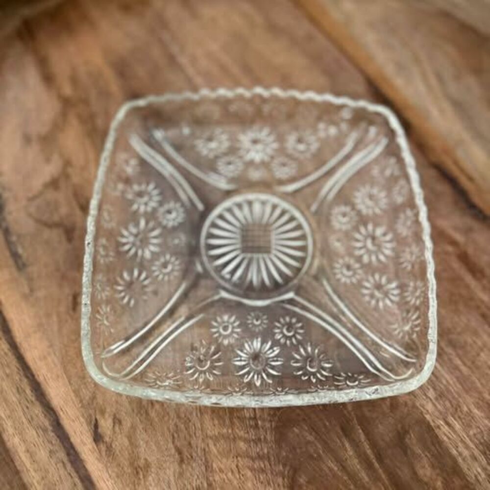 Vintage Clear Pressed Glass Square Daisy Dish